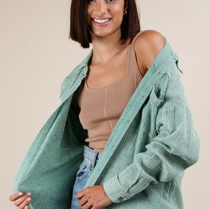Sage Mineral Washed Gauze Button Down Shirt Top