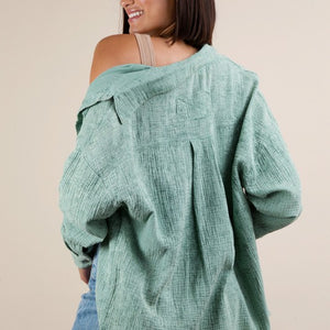 Sage Mineral Washed Gauze Button Down Shirt Top