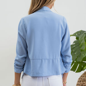 Chambray 3/4 Rouched Sleeve Blazer
