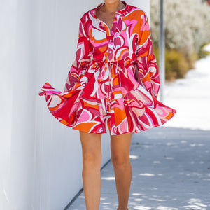 Viva Magenta Print Adjustable Balloon Sleeve Dress