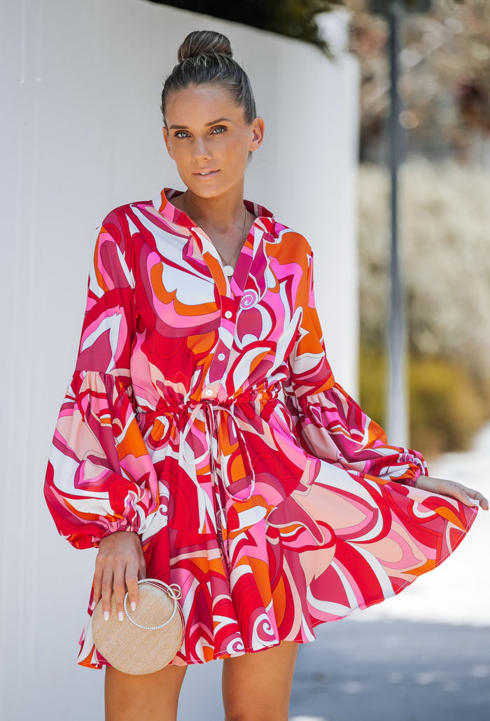 Viva Magenta Print Adjustable Balloon Sleeve Dress