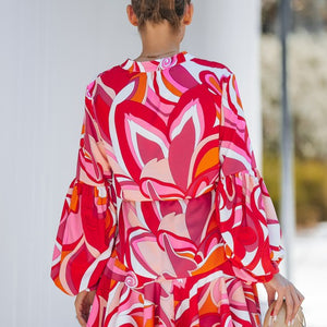 Viva Magenta Print Adjustable Balloon Sleeve Dress
