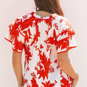 Plant Print Tiered Ruffled Sleeve V Neck Blouse