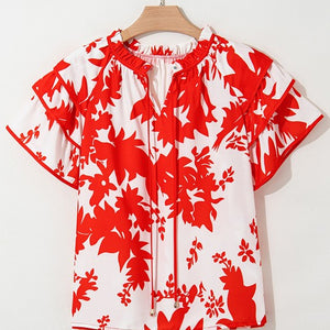 Plant Print Tiered Ruffled Sleeve V Neck Blouse