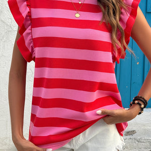 Red Stripe Flutter Sleeve Round Neck T Shirt