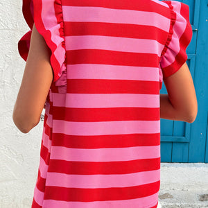 Red Stripe Flutter Sleeve Round Neck T Shirt