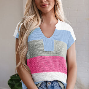 Color Block Notch V Neck Sweater T Shirt