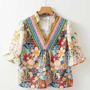 Crochet V Neck Half Sleeve Boho Floral Blouse