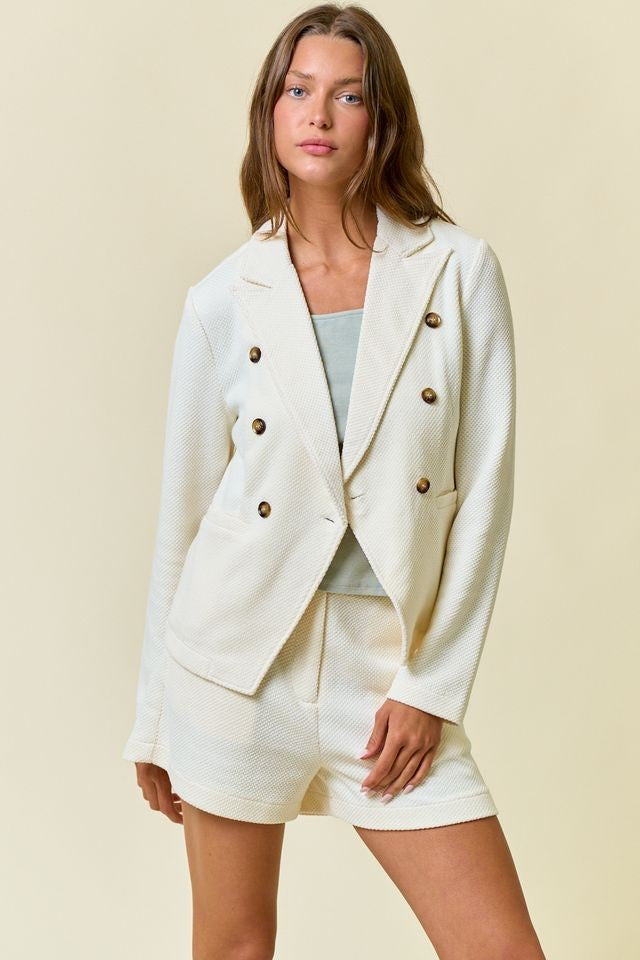 Ivory Textured Knit Double Breasted Blazer