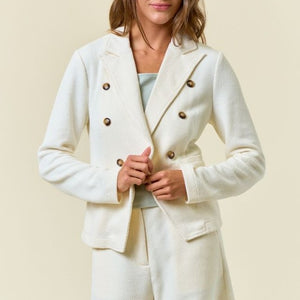Ivory Textured Knit Double Breasted Blazer