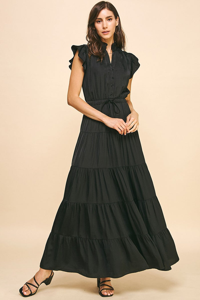 Black Satin Tiered Maxi Dress