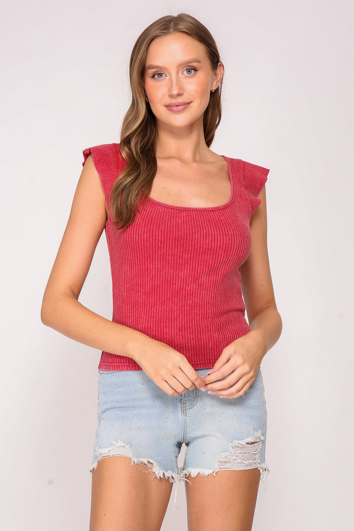 Red Square Neck Mineral Wash Ruffle Cap Sleeve Top