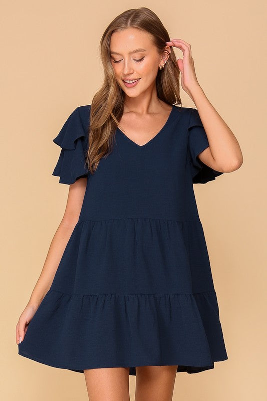 Navy Ruffle Tiered Sleeve Airflow Game Day Dress