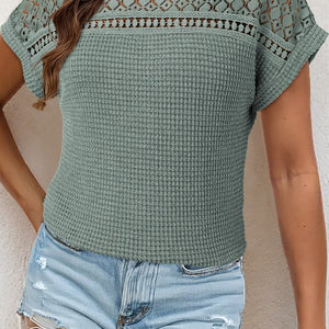 Green Lace Patchwork Waffle Short Sleeve Top