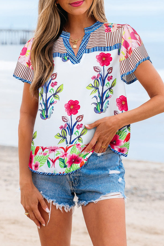 Floral Patchwork Short Sleeve Split Neck Blouse