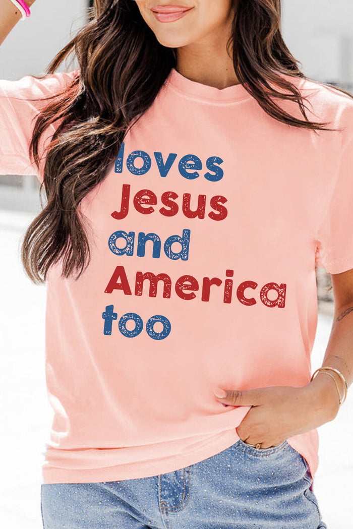 Pink Loves Jesus And America... Letter Graphic Tee