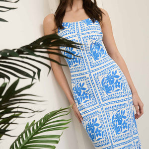 Floral Tile Print Spaghetti Strap Midi Dress