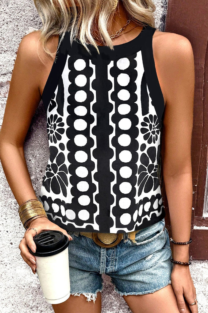 Pastel Geometric Abstract Print Tank Tops Black