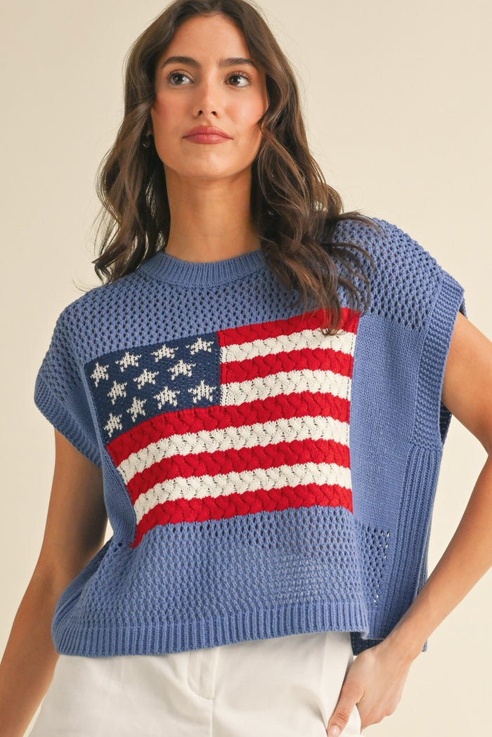 Blue American Flag Open Stitch Sweater Top