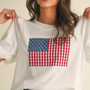 American Flag Patch Balloon Sleeve Knit Top