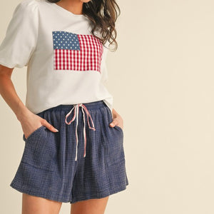 American Flag Patch Balloon Sleeve Knit Top