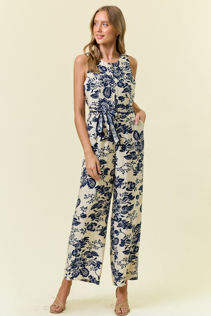 Ivory/Navy Paisley Printed Zip Front Slvless Jumpsuit