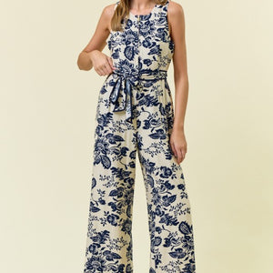 Ivory/Navy Paisley Printed Zip Front Slvless Jumpsuit
