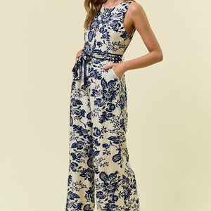 Ivory/Navy Paisley Printed Zip Front Slvless Jumpsuit