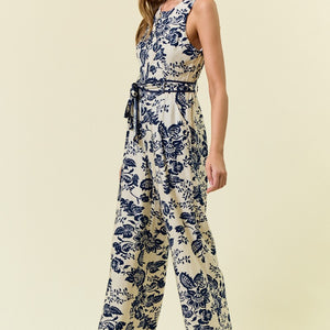 Ivory/Navy Paisley Printed Zip Front Slvless Jumpsuit