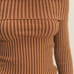 Brown Off-shoulder Ribbed Knit Top