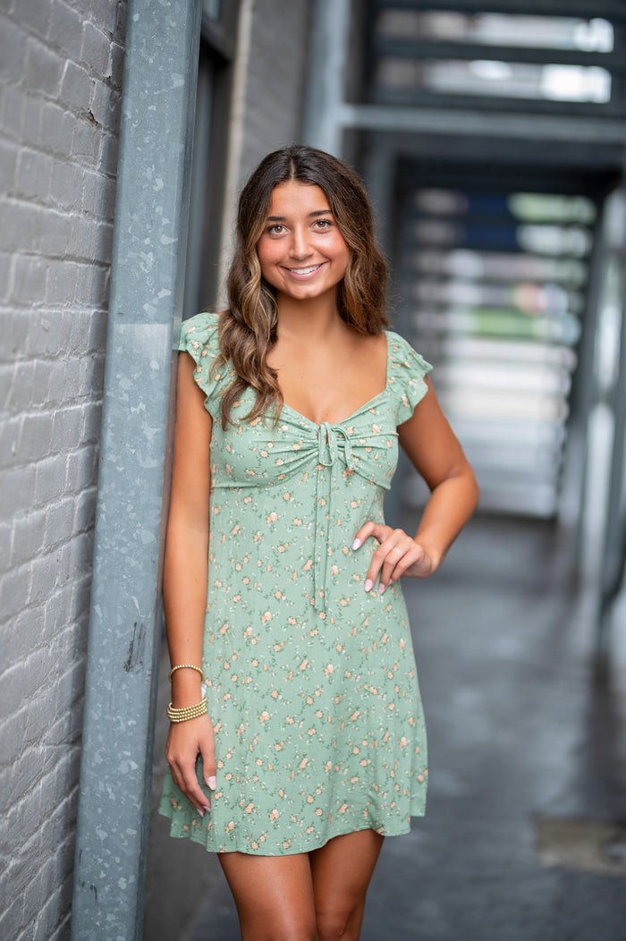 Floral Front Cut-out With Tie Mini Dress