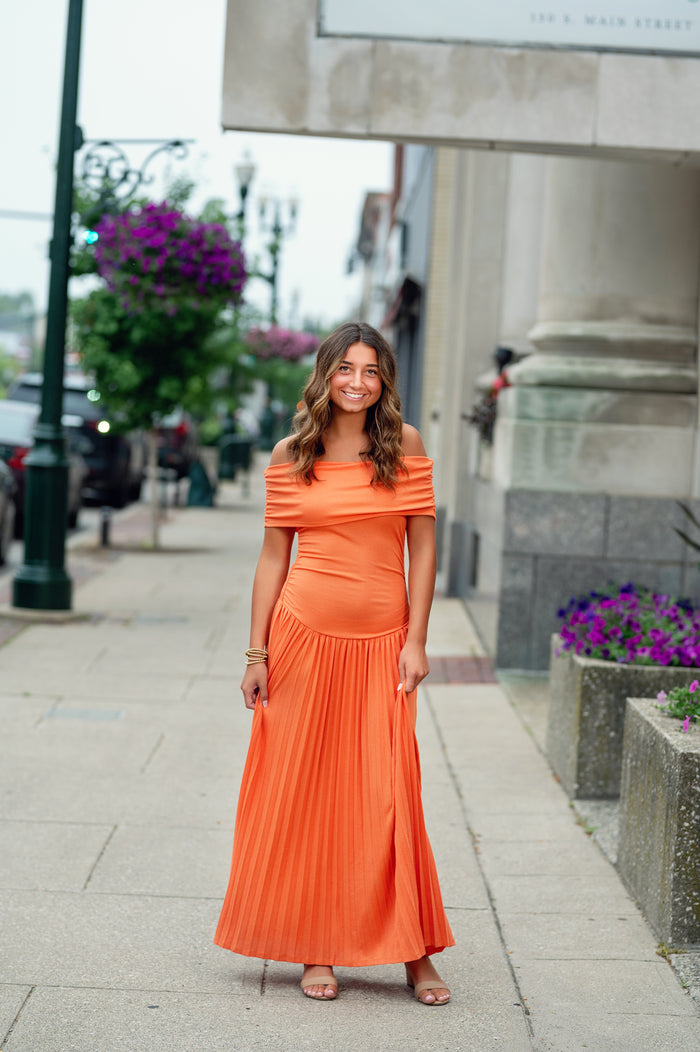 Orange Soleil Pleated Maxi Dress
