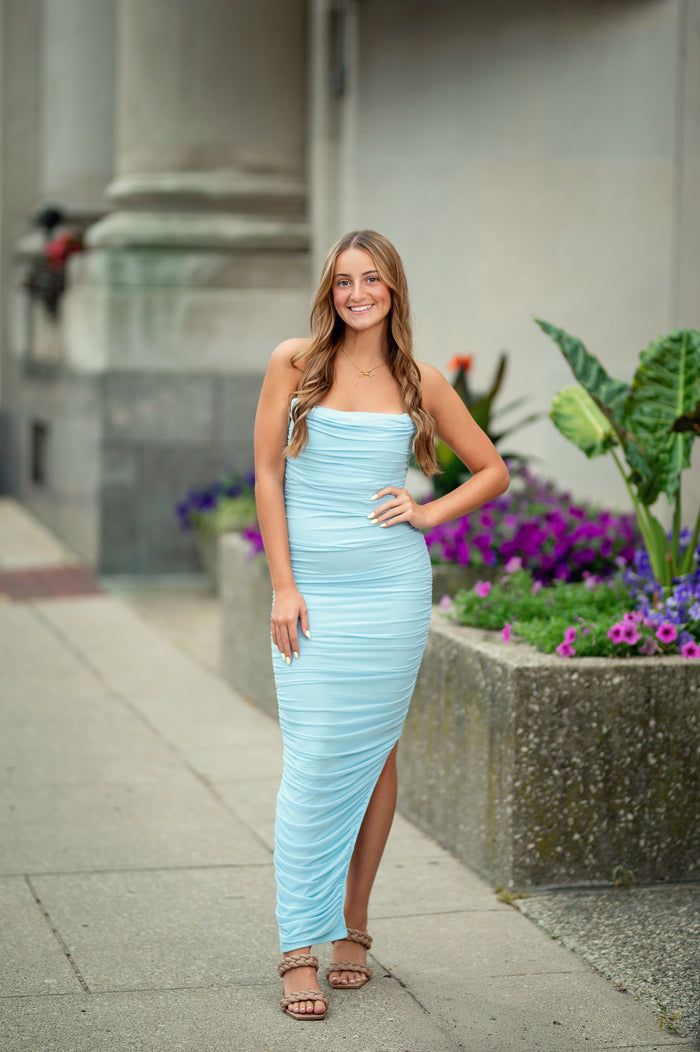 Light blue Whisper Drape Strapless Maxi dress