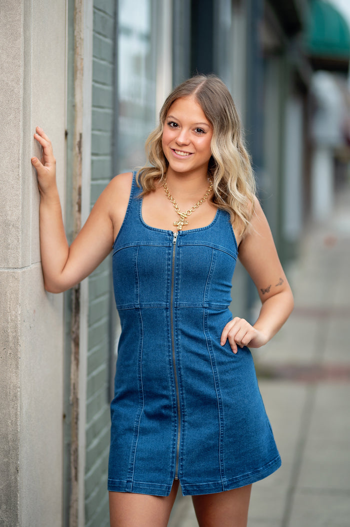 Denim Zip Up Sleeveless Mini Dress