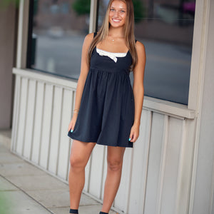 COLOR BLOCK BOW DETAIL BABY DOLL MINI DRESS