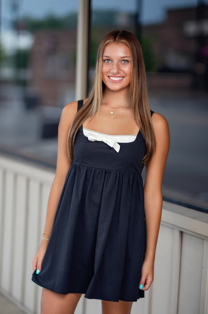 COLOR BLOCK BOW DETAIL BABY DOLL MINI DRESS