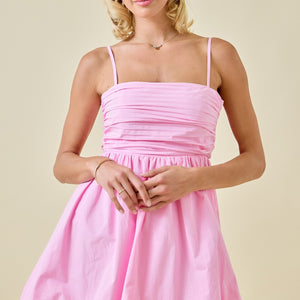 Pink Pleated Poplin Bubble Hem Mini Dress W/ Back Ties