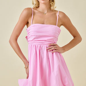 Pink Pleated Poplin Bubble Hem Mini Dress W/ Back Ties