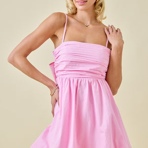 Pink Pleated Poplin Bubble Hem Mini Dress W/ Back Ties