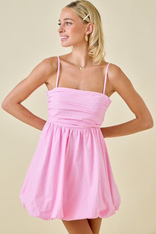 Pink Pleated Poplin Bubble Hem Mini Dress W/ Back Ties