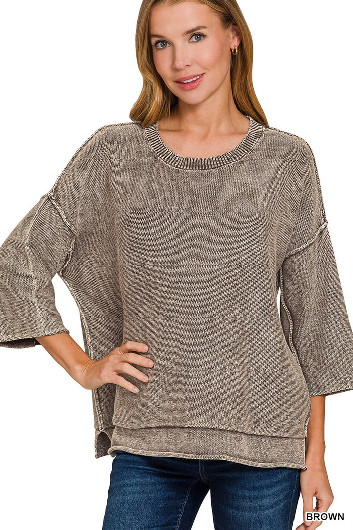 Washed 3/4 Sleeve Boxy Sweater