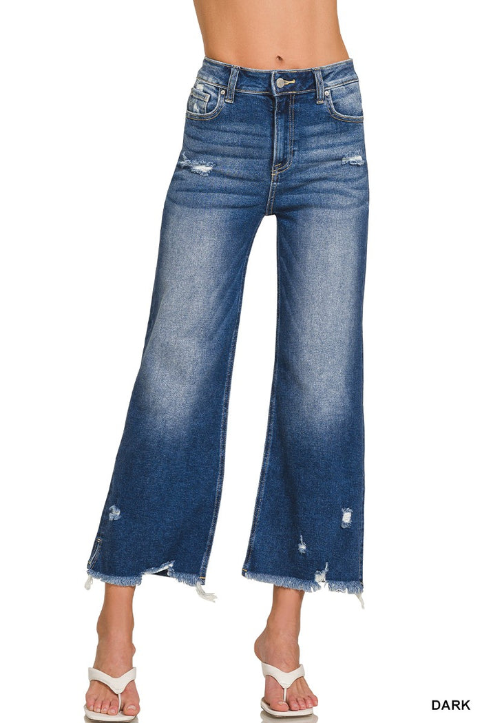 Dark Distressed Raw Hem Denim Pants
