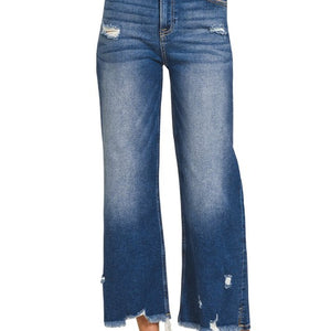 Dark Distressed Raw Hem Denim Pants