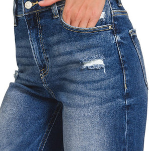 Dark Distressed Raw Hem Denim Pants