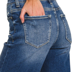 Dark Distressed Raw Hem Denim Pants
