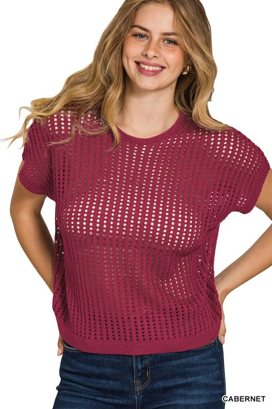 CABERNET VISCOSE CROCHET KNIT SHEER HOLLOW SWEATER