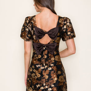 Black/Brown Floral Jacquard Puff Sleeve Back Bow Mini Dress