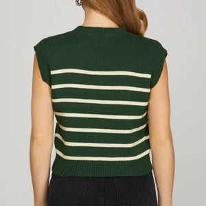 GREEN SLEEVELESS ROUND NECK STRIPED SWEATER TOP