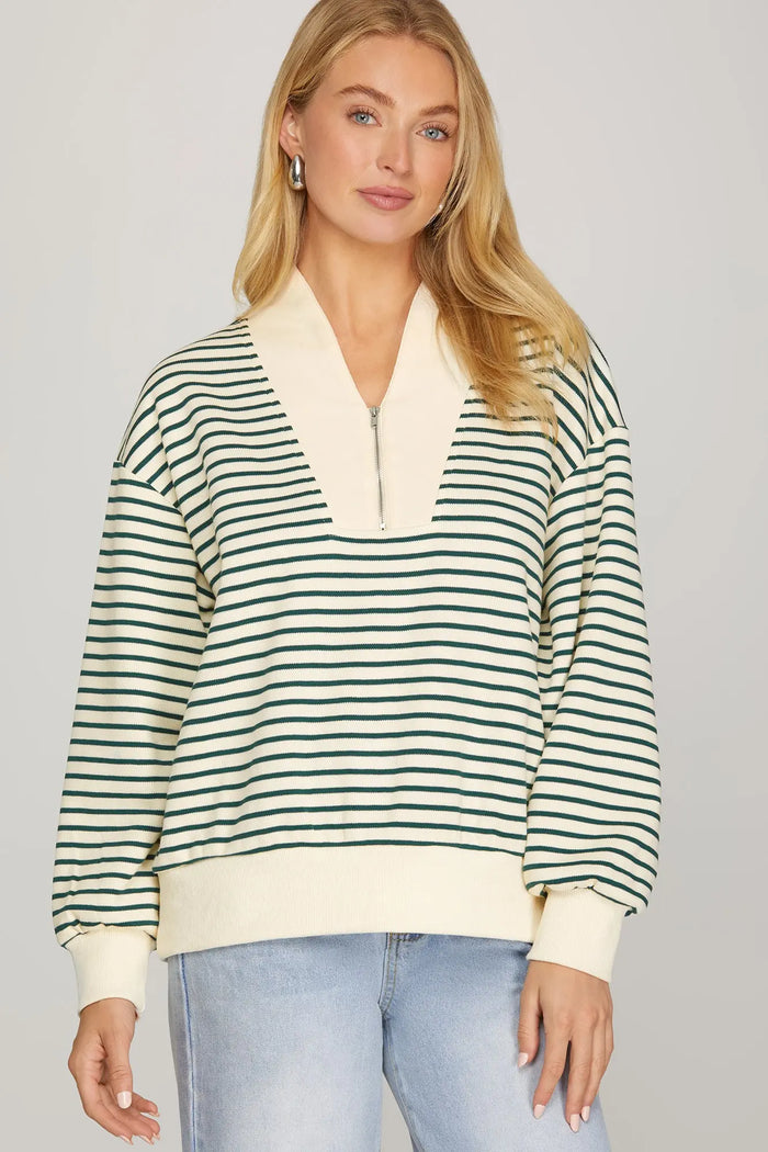 GREEN/CREAM LONG SLEEVE HALF ZIP STRIPE SWEAT SHIRT