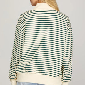 GREEN/CREAM LONG SLEEVE HALF ZIP STRIPE SWEAT SHIRT